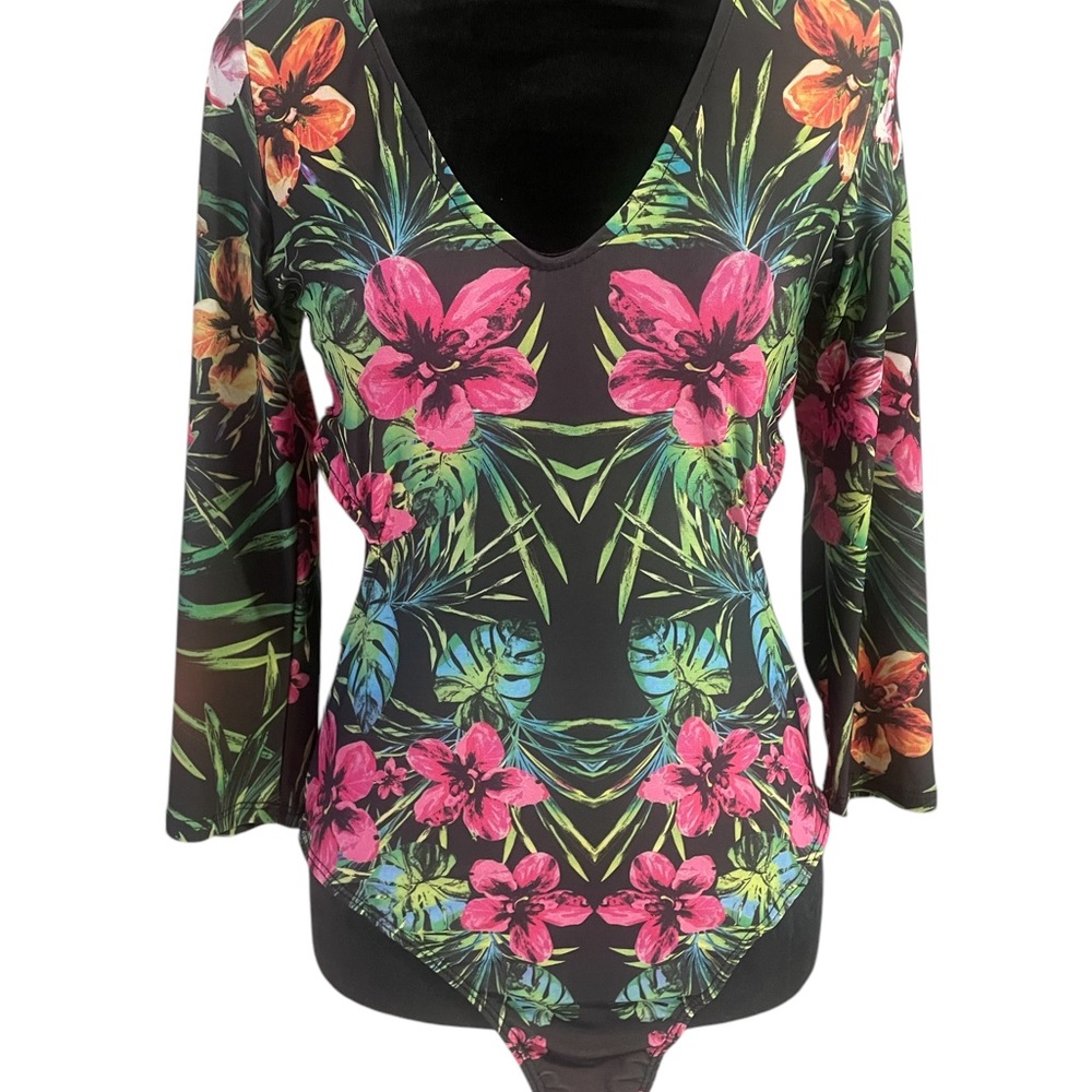 Tropical dreams Floral Peep hole cut out Bodysuit, V-Neck,Black,Pink,Med,NWT - Picture 5 of 6